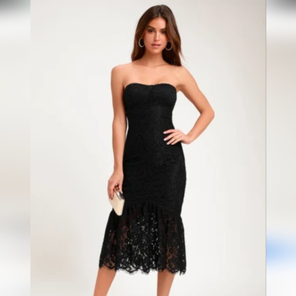 NWT Lulus Divine Nights Black Lace Strapless Midi Dress